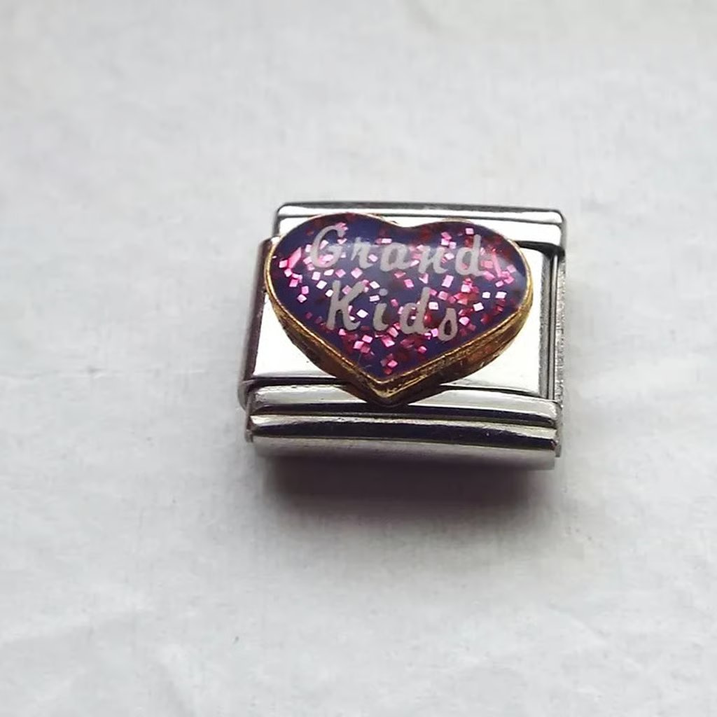 Purple Enamel Heart Grand Kids 9mm Stainless Steel Italian Charm Bracelet Link